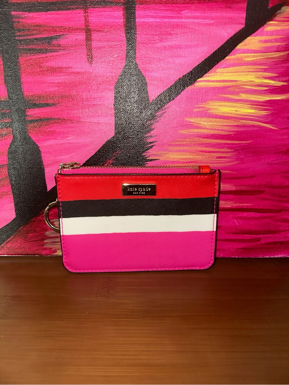 NWOT kate spade Hot Pink, Red & Black Striped Card Pouch